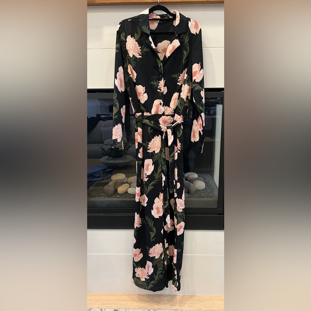Vero Moda Black and Pink Elegant Floral Jumpsuit with Wrap/Tie Waist